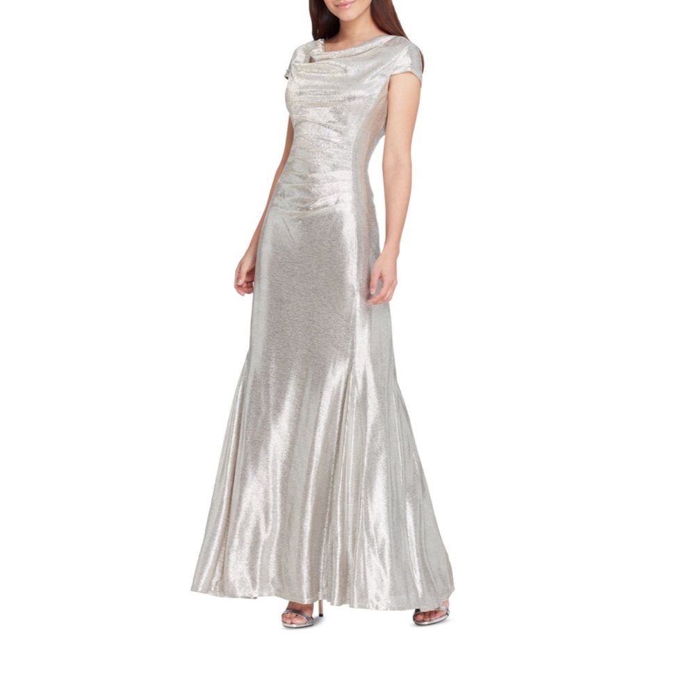 Tahari ASL Womens Metallic Cowl Neck Evening Dress Silver size 2
